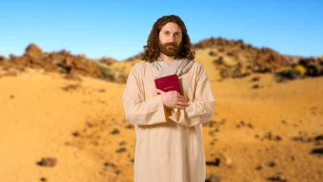 Portrait-Of-Man-Wearing-Robes-With-Long-Hair-And-Beard-Representing-Figure-Of-Jesus-Christ-Holding-Bible-In-Desert